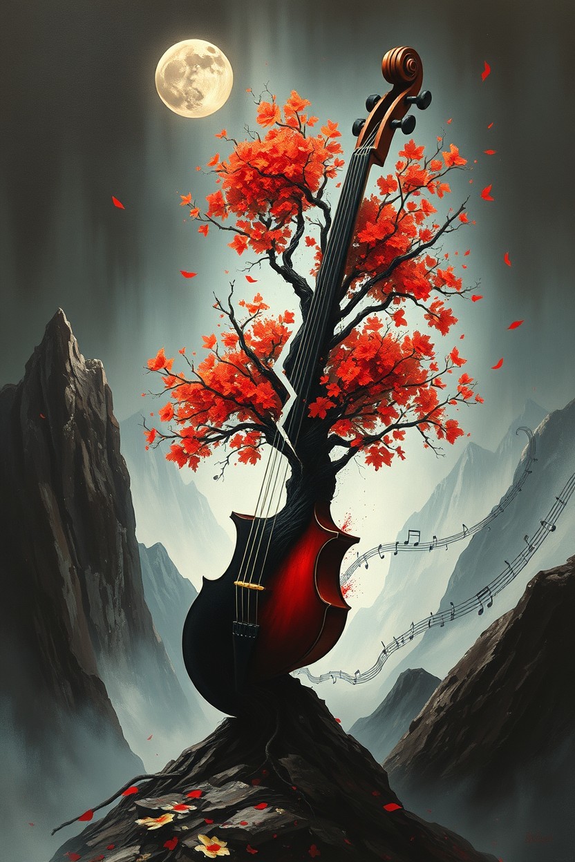 A surreal and futuristic painting featuring a dramatic scene where a violin is split apart by an abstract tree