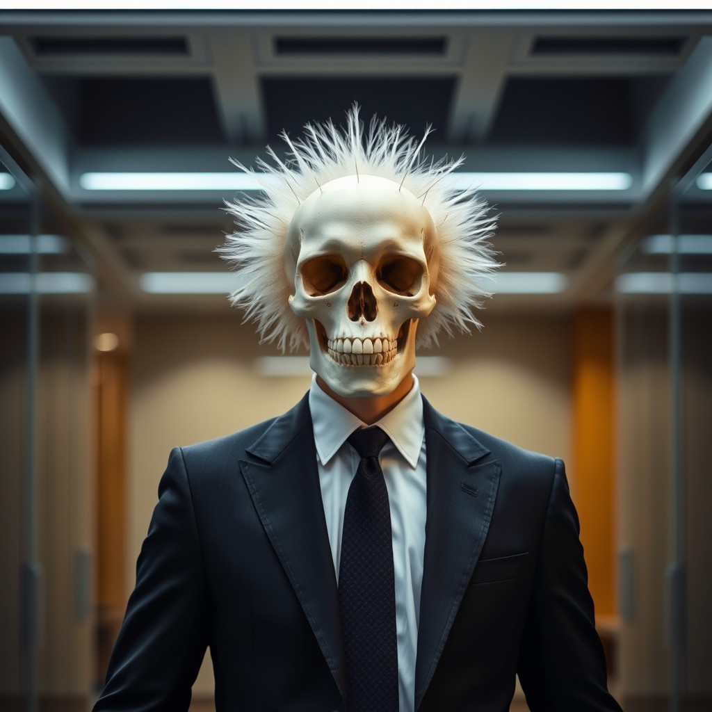 A man dressed in a strictly business dark suit, standing confidently with a skull instead of a head