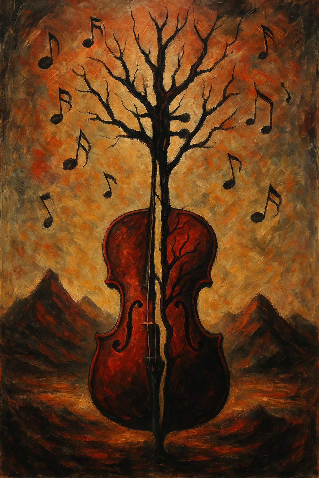A surreal and futuristic painting featuring a dramatic scene where a violin is dramatically split by an abstract tree made up of shades of black, white, and crimson red