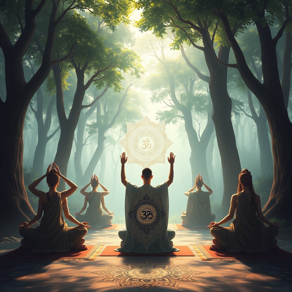 A stunning digital painting representing ancient yoga concepts, showcasing serene figures in various traditional yoga poses set against a tranquil backdrop of a lush, mystical forest