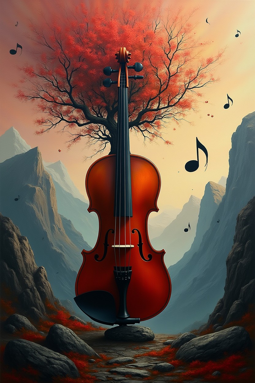 A surreal and futuristic painting that showcases a dramatic scene featuring a violin dramatically split apart by an abstract tree comprised of shades of black, white, and crimson red