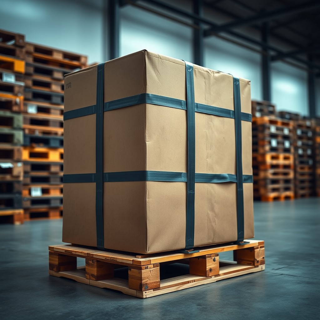 A sturdy wooden pallet with a cardboard box securely strapped with heavy-duty straps, standing upright