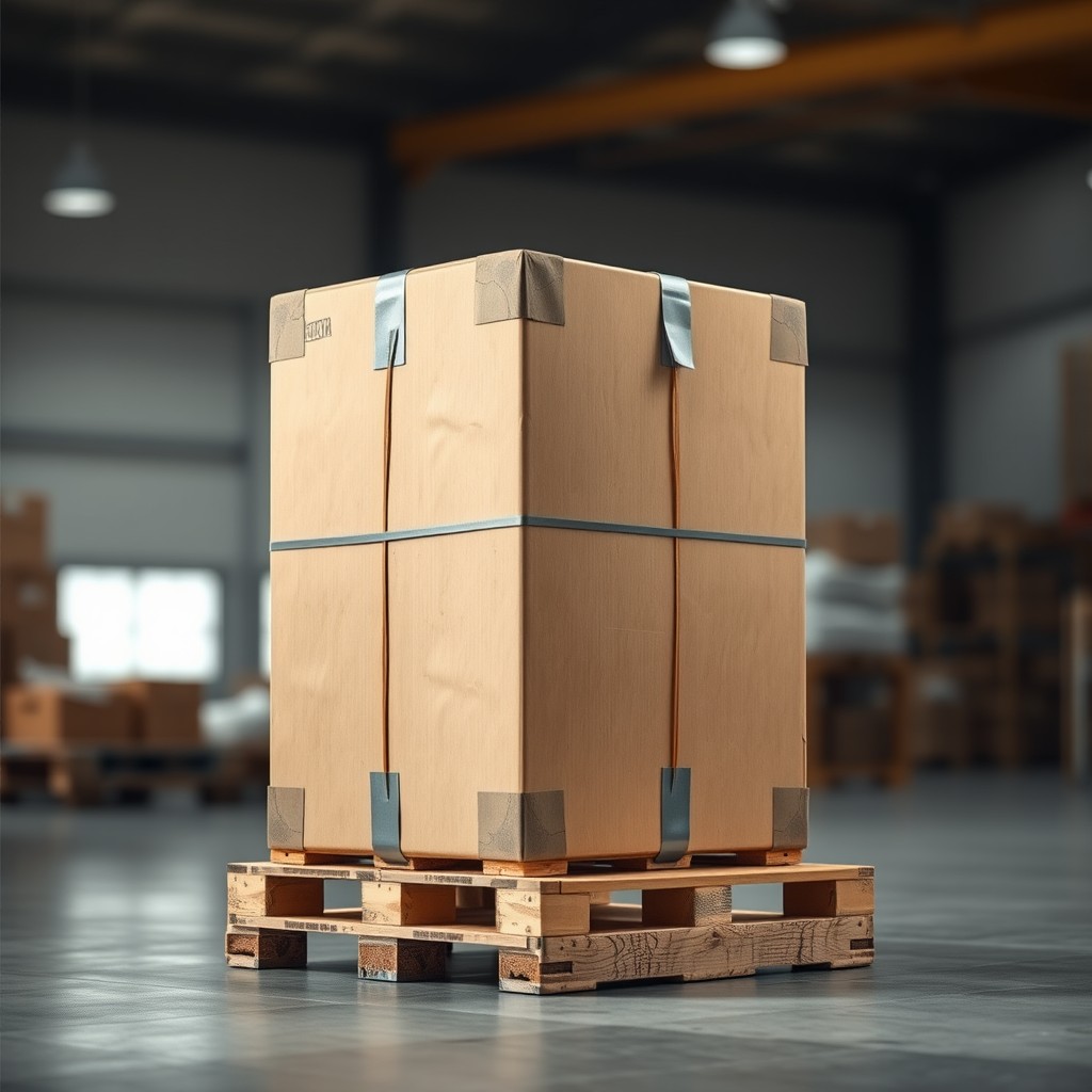 A sturdy cardboard box securely strapped with multiple straps, standing upright on a wooden pallet