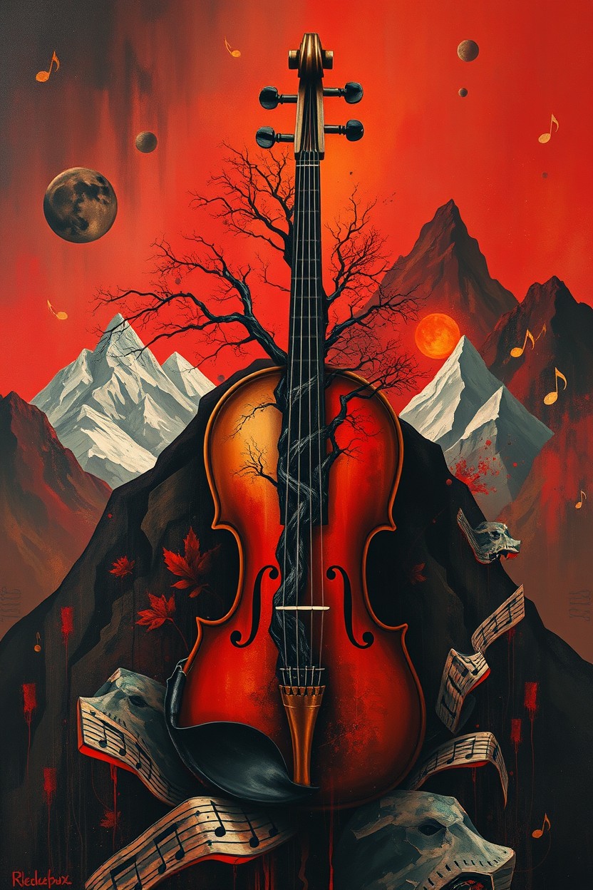 An eerie and futuristic sci-fi scene depicted in a stylized and surreal painting