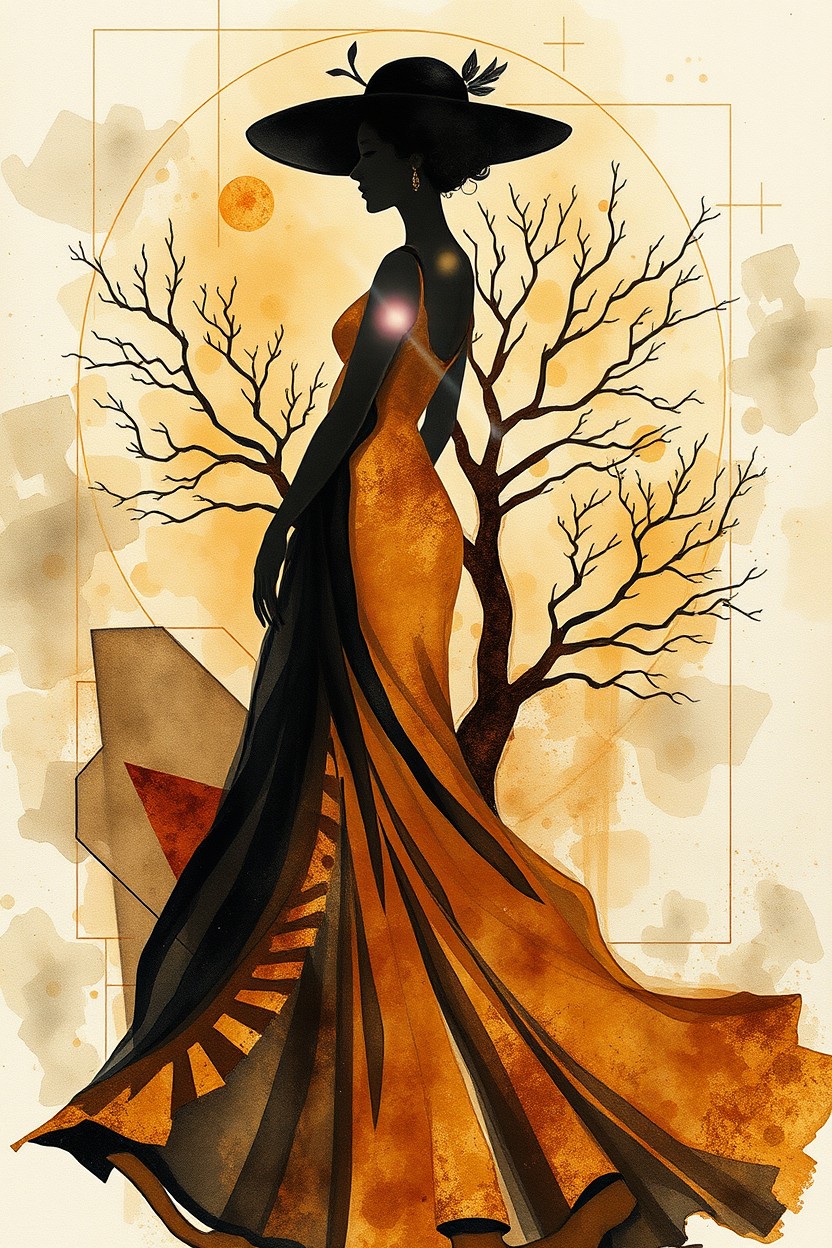 A dynamic watercolor composition showcasing a silhouetted woman wearing a large black hat and a long flowing gown in gold and brown tones