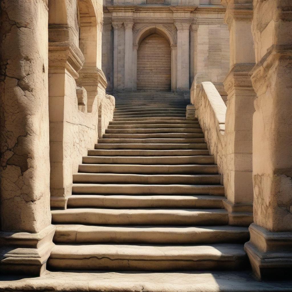 A highly detailed, 8k image of intricately decorated stone stairs, demonstrating rich textures and shadows.