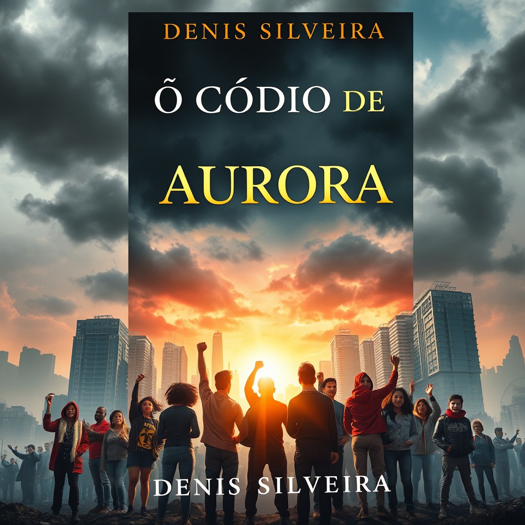 A captivating book cover for 'O Código de Aurora' by Denis Silveira, representing a dystopian world torn by inequality and the struggle for equality