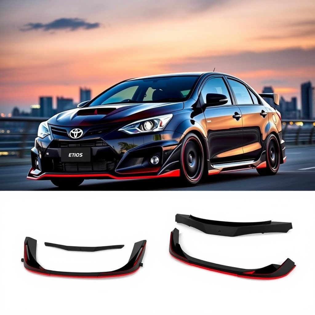 A stunning Toyota Etios Sedan modified with a body kit, featuring a sleek design in black and red colors