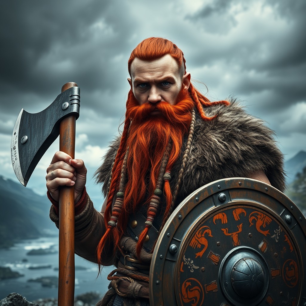 A fearsome Viking warrior with a long, flowing red beard, adorned with intricate braids and beads