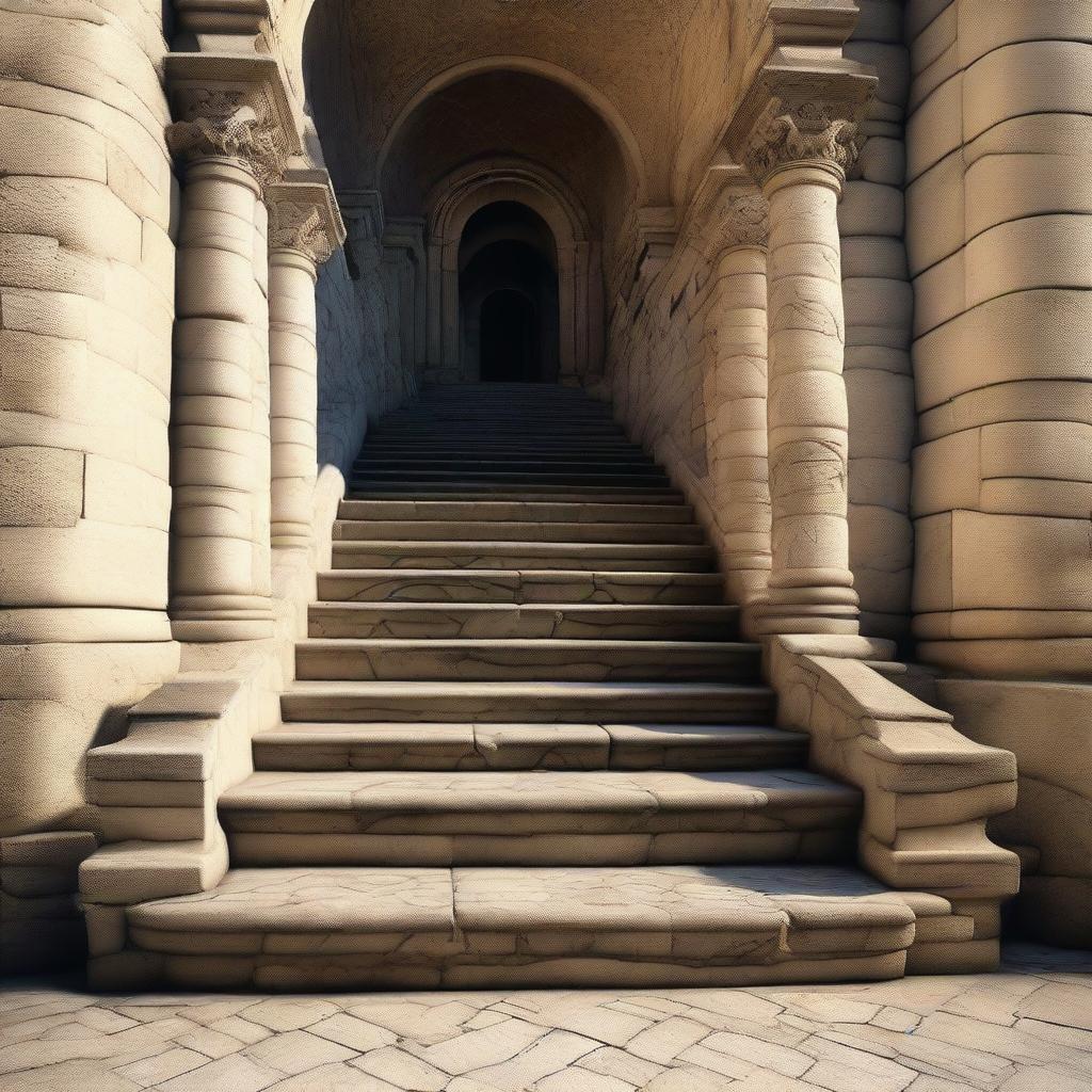 A highly detailed, 8k image of intricately decorated stone stairs, demonstrating rich textures and shadows.