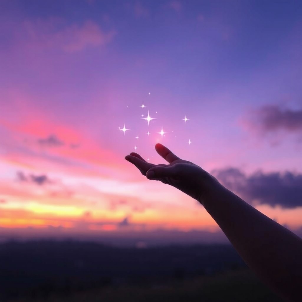 A dreamy cover image featuring a nearly twilight sky, filled with soft hues of purple and blue, as the sun sets on the horizon