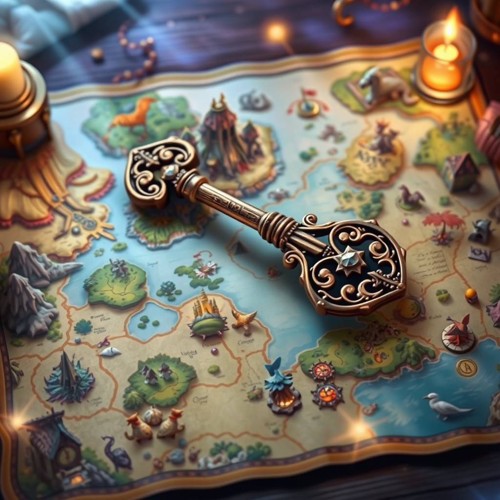A beautifully illustrated magical map featuring an ornate key prominently displayed on it