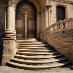 A highly detailed, 8k image of intricately decorated stone stairs, demonstrating rich textures and shadows.