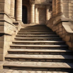 A highly detailed, 8k image of intricately decorated stone stairs, demonstrating rich textures and shadows.