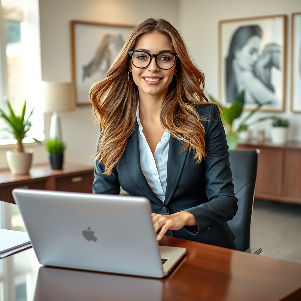A stylish and confident woman dressed in a sleek business attire, sitting at a modern office desk