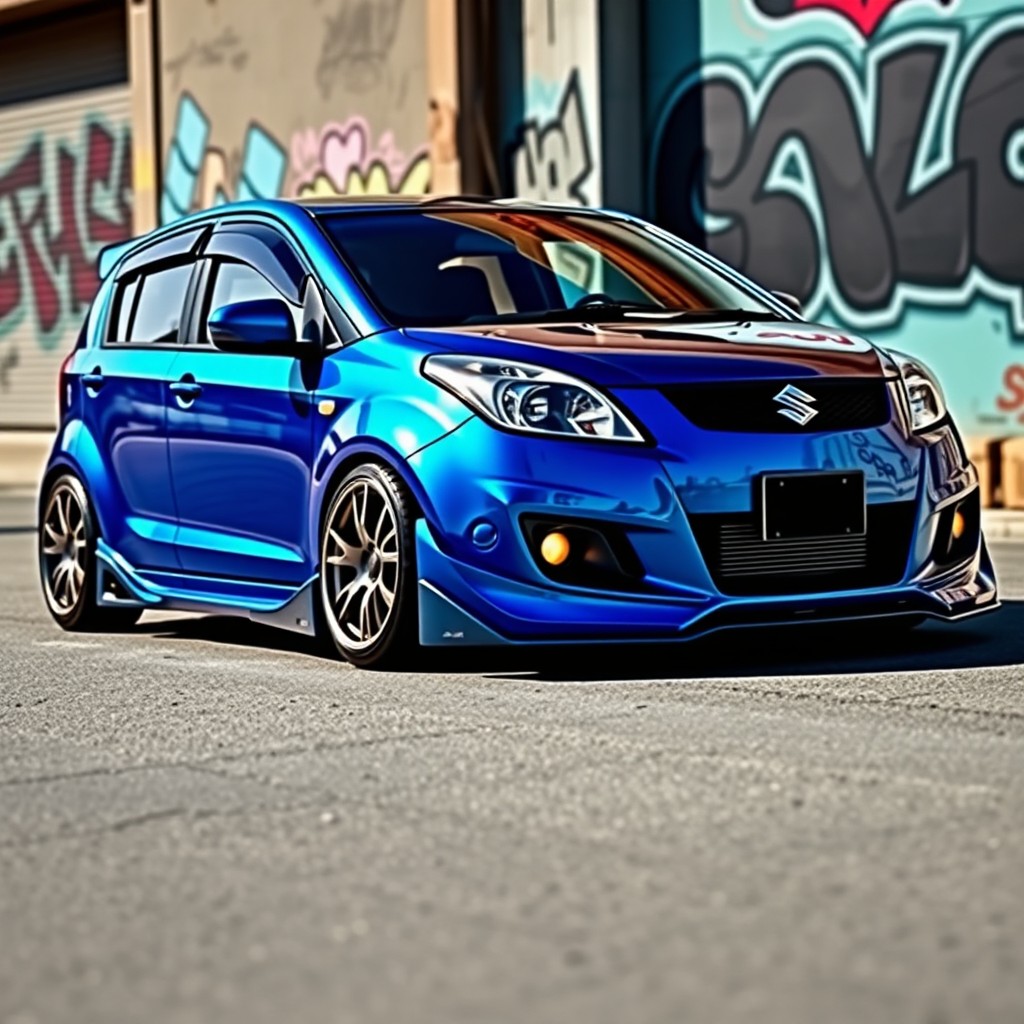 A customized 2008 Suzuki Solio, featuring a sleek and stylish body kit, lowered suspension for a sporty stance, and striking alloy wheels