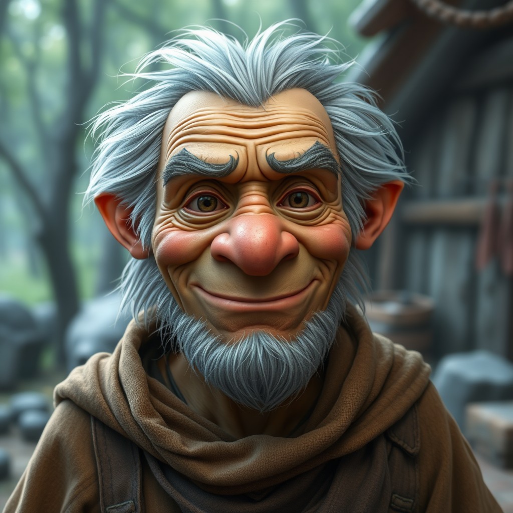 A kind, wrinkly old half-orc with gray hair and a knowing smile, wearing simple, rustic clothing that reflects a wise, elder persona