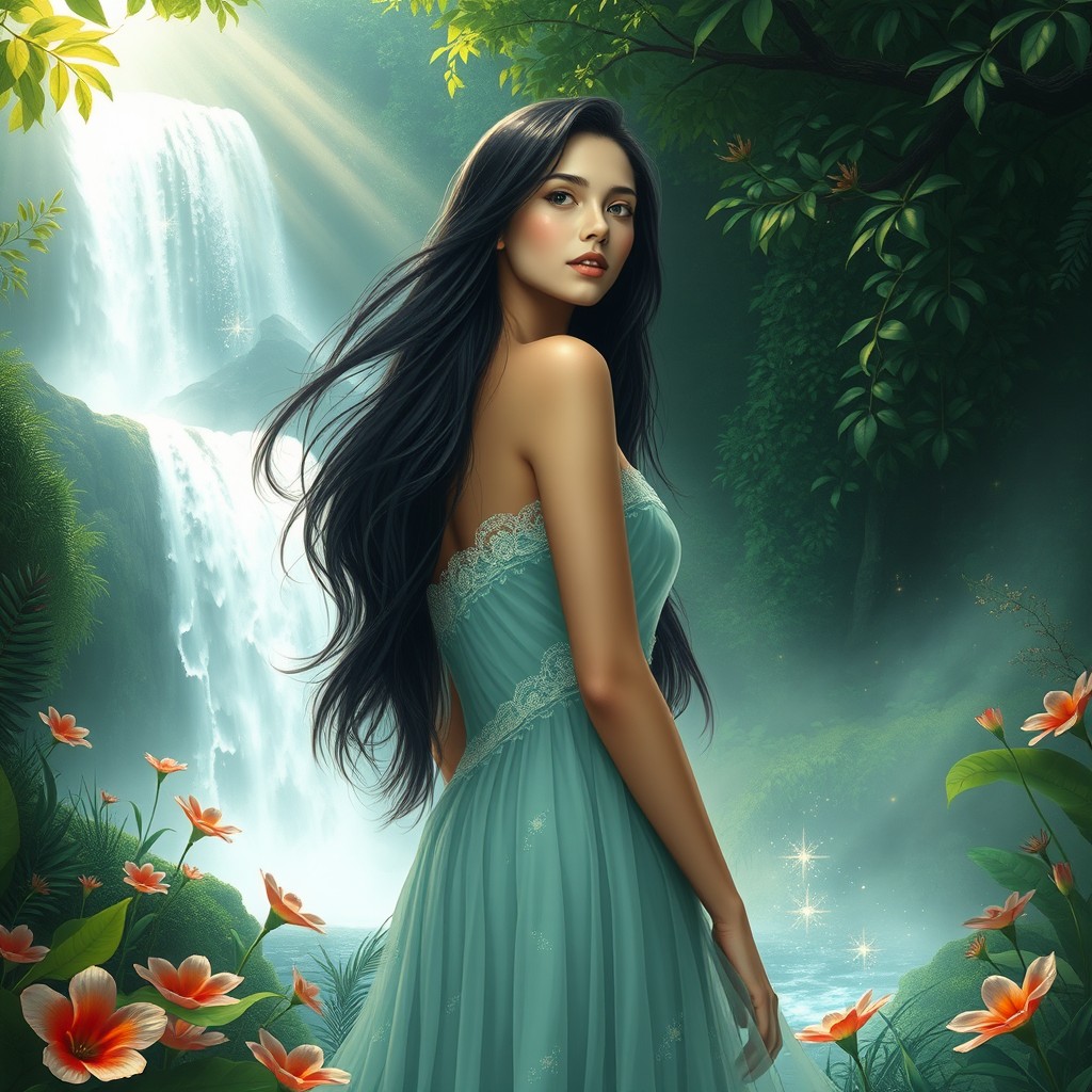 An enchanting ethereal woman with long, flowing black hair standing gracefully in a magical jungle scene