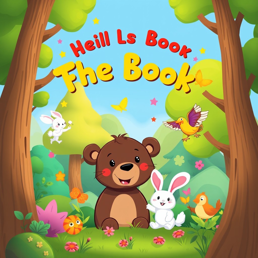 Colorful and engaging e-book cover for a children's story, featuring a whimsical forest scene with friendly animals like a smiling bear, a playful rabbit, and cheerful birds