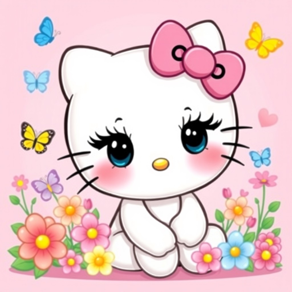 A cute illustration of Hello Kitty styled with long, dramatic false eyelashes