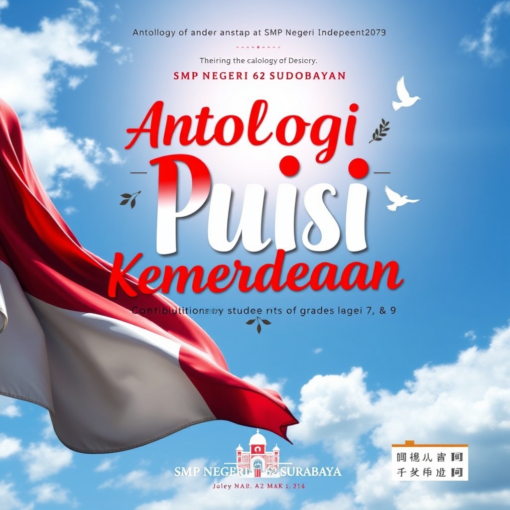 A book cover design for an anthology of poems titled 'Antologi Puisi Kemerdekaan' featuring contributions from students of grades 7, 8, and 9 at SMP Negeri 62 Surabaya