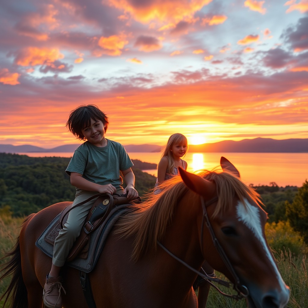A scene depicting a young boy with messy black hair riding a horse alongside a girl with blonde hair riding her own horse