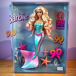 A hyper-realistic image of a 90s style Barbie mermaid doll inside a transparent plastic toy box