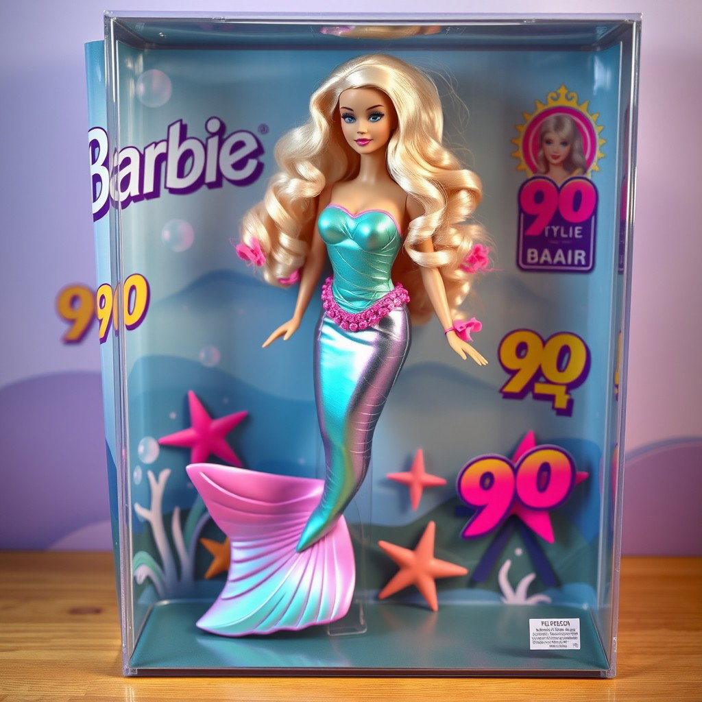 A hyper-realistic image of a 90s style Barbie mermaid doll inside a transparent plastic toy box