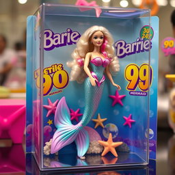 A hyper-realistic image of a 90s style Barbie mermaid doll inside a transparent plastic toy box