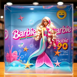 A hyper-realistic image of a 90s style Barbie mermaid doll inside a transparent plastic toy box