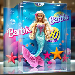 A hyper-realistic image of a 90s style Barbie mermaid doll inside a transparent plastic toy box