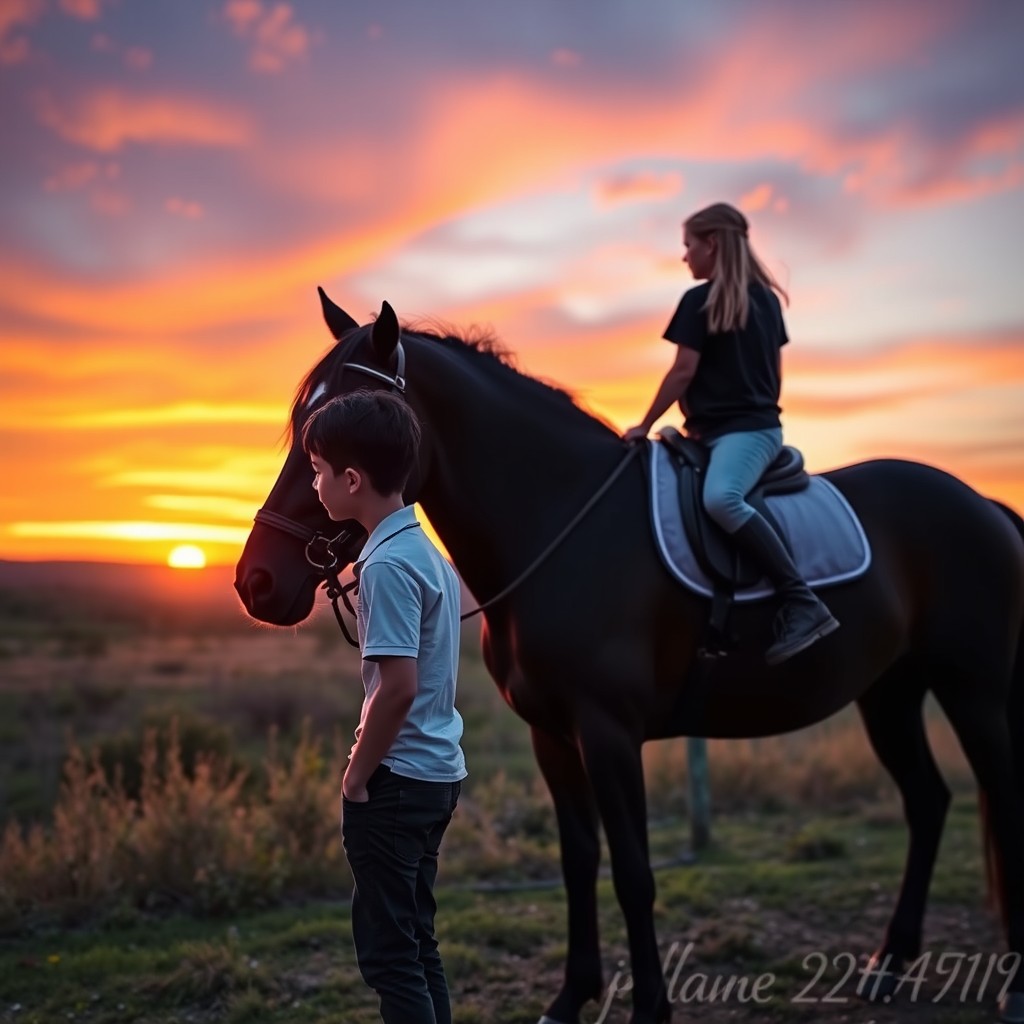 A romantic scene featuring a young boy with black hair wearing pants and a polo shirt, standing next to a majestic black horse