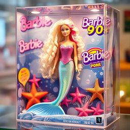 A hyper-realistic depiction of a 90s style Barbie mermaid doll inside a clear plastic toy box