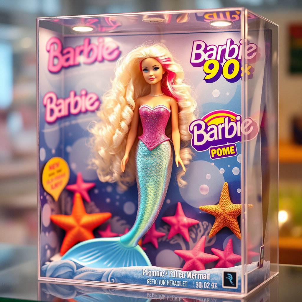 A hyper-realistic depiction of a 90s style Barbie mermaid doll inside a clear plastic toy box