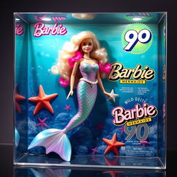 A hyper-realistic depiction of a 90s style Barbie mermaid doll inside a clear plastic toy box
