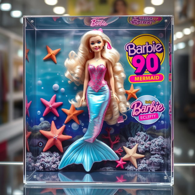A hyper-realistic depiction of a 90s style Barbie mermaid doll inside a clear plastic toy box