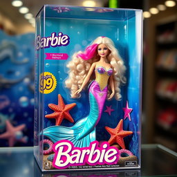 A hyper-realistic depiction of a 90s style Barbie mermaid doll inside a clear plastic toy box
