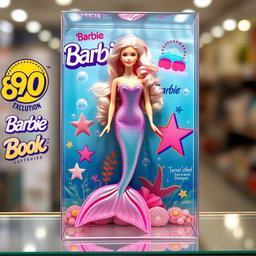 A hyper-realistic depiction of a 90s style Barbie mermaid doll with light pink hair inside a clear plastic toy box