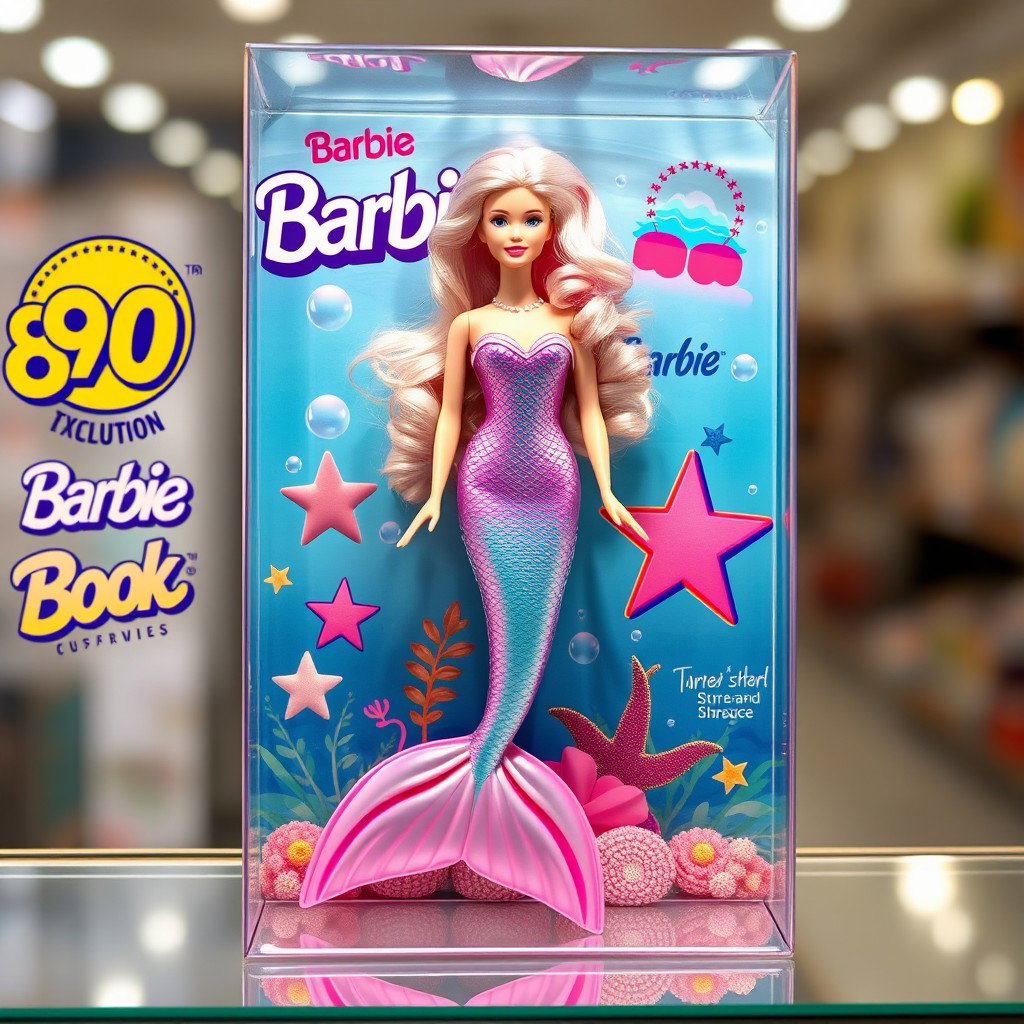 A hyper-realistic depiction of a 90s style Barbie mermaid doll with light pink hair inside a clear plastic toy box