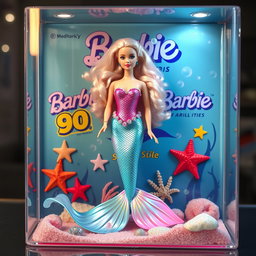 A hyper-realistic depiction of a 90s style Barbie mermaid doll with light pink hair inside a clear plastic toy box