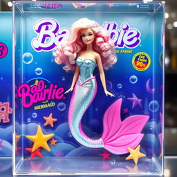 A hyper-realistic depiction of a 90s style Barbie mermaid doll with light pink hair inside a clear plastic toy box