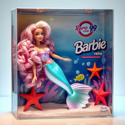 A hyper-realistic depiction of a 90s style Barbie mermaid doll with light pink hair inside a clear plastic toy box