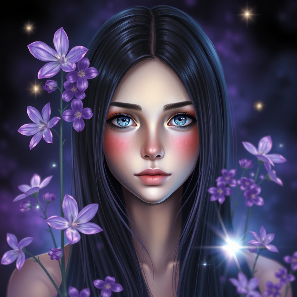 An artistic and fantastical representation of a young woman with long, straight dark hair, surrounded by vibrant purple flowers and sparkling bright lights