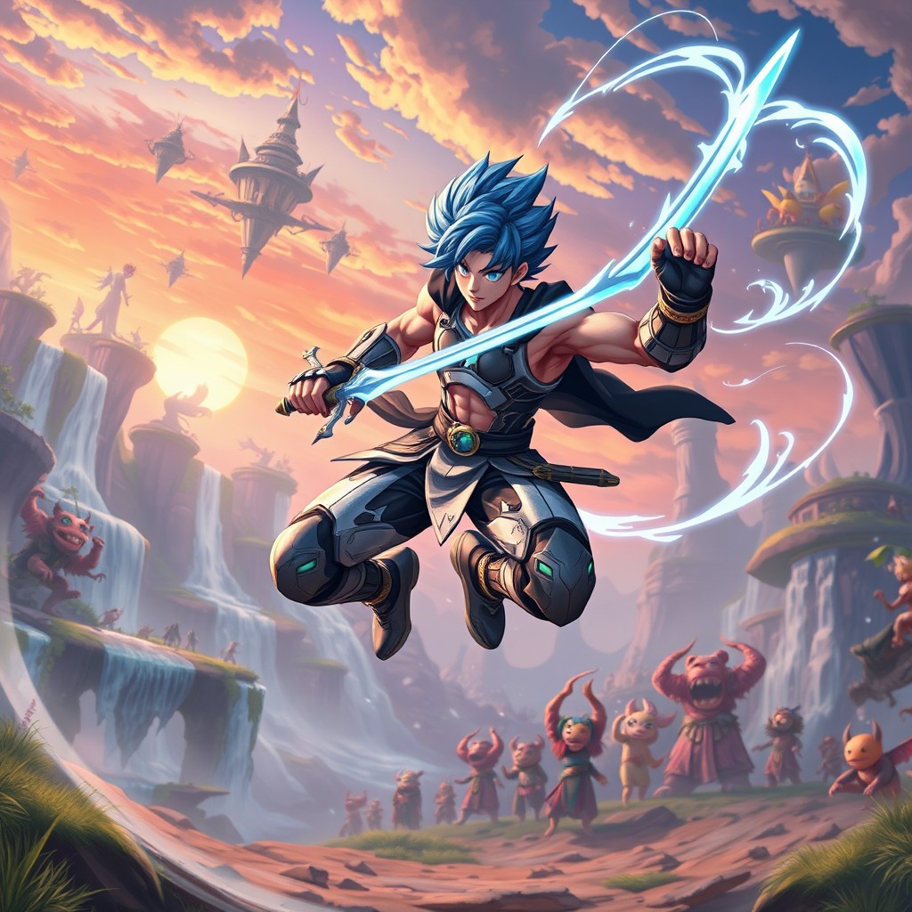 A dynamic scene featuring an athletic anime character engaged in a fantastical competition
