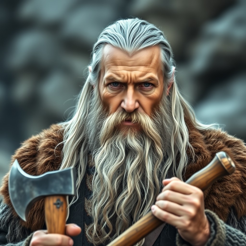 A portrait of a 50-year-old Viking man with long silver hair and a long beard