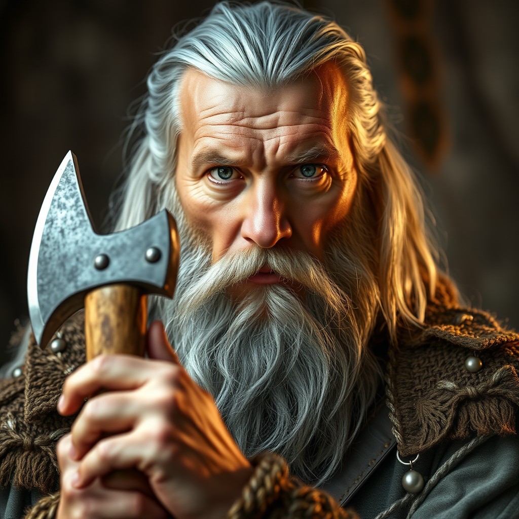 A portrait of a 50-year-old Viking man with long silver hair and a long beard, holding a hand axe