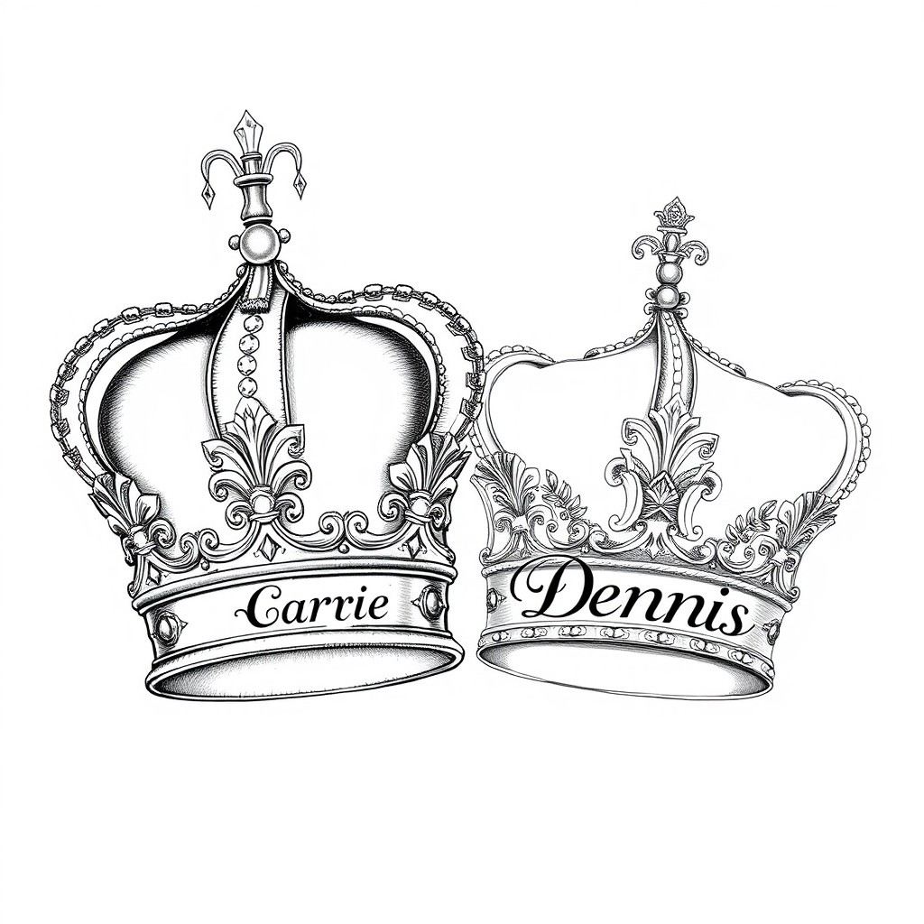 A detailed black and white sketch of two crowns placed side by side