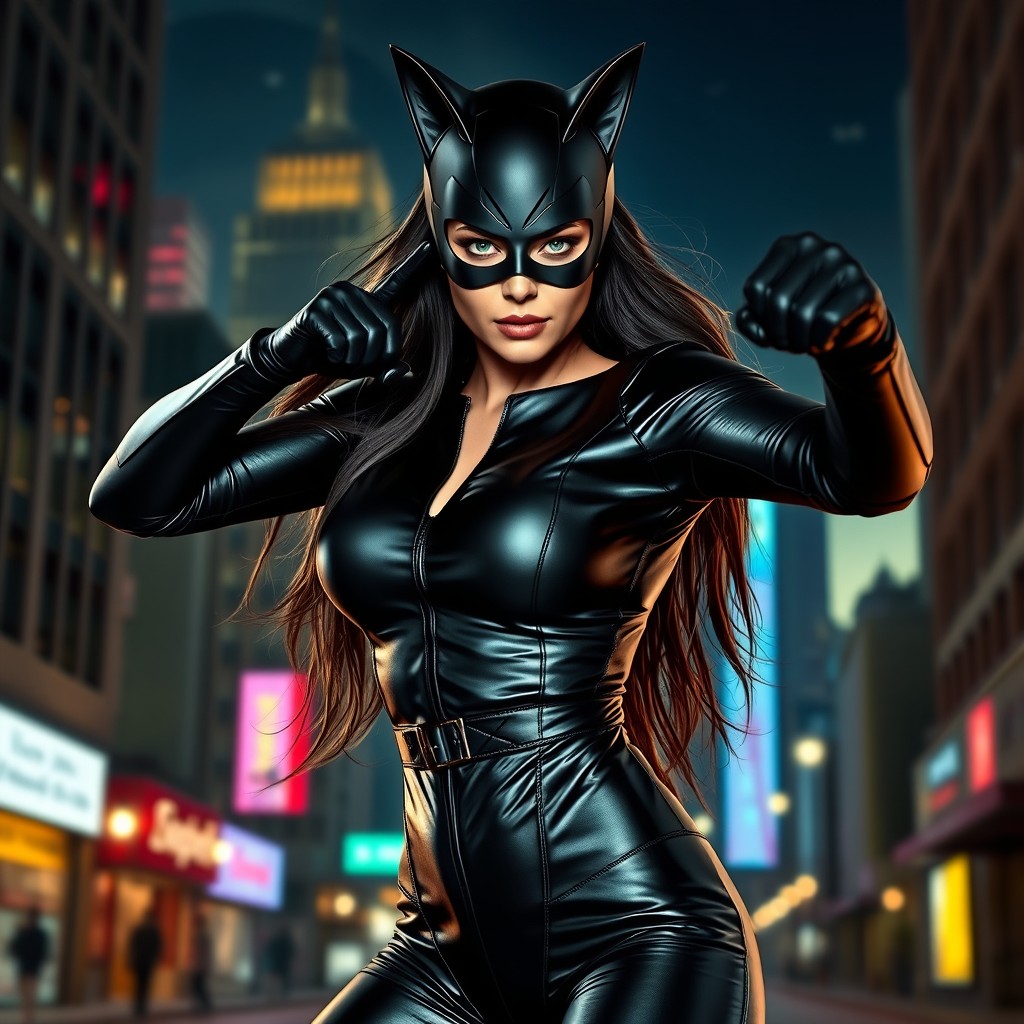 A confident and fierce woman dressed as a catwoman, striking a dynamic pose in a city at night