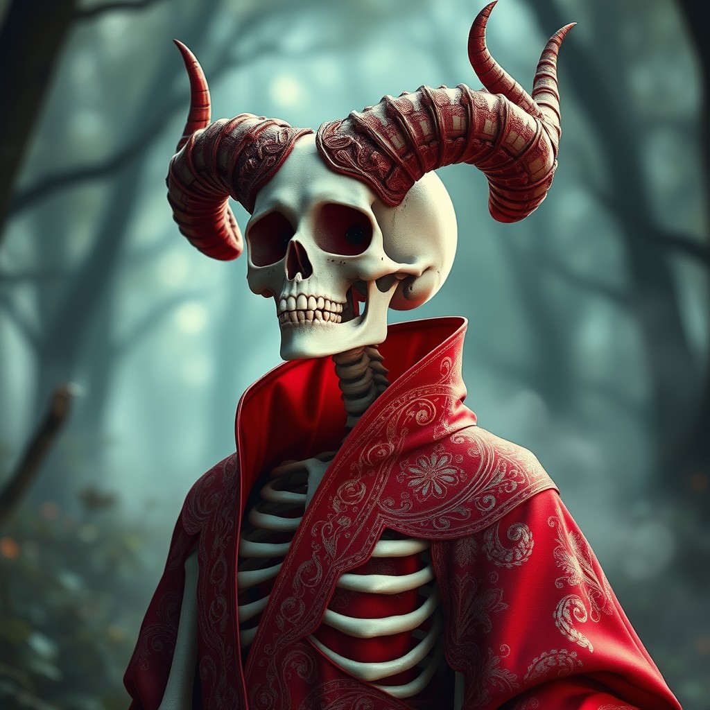 A female skeleton adorned with intricate horns, elegantly dressed in a lavish ornate red robe