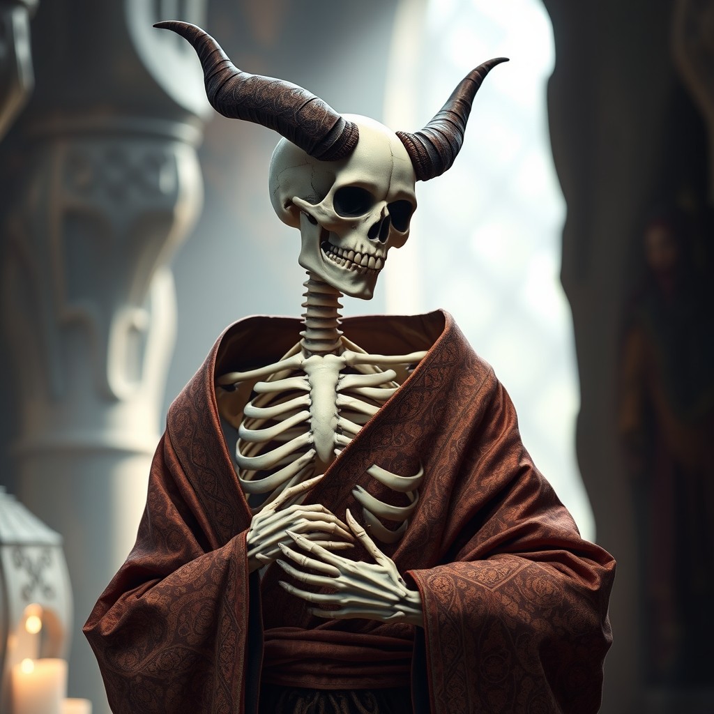 A female skeleton with striking horns, gracefully wearing an ornate robe that drapes elegantly around her skeletal form